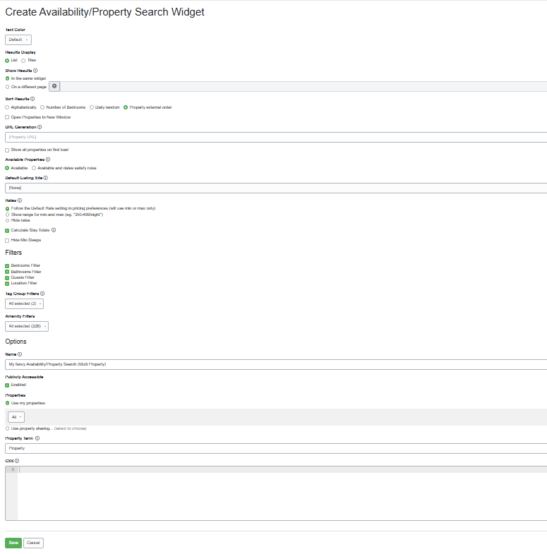 Configure the widget for the hosted site, select the Filters (e.g., Bedrooms, Bathrooms, Guests, Location), the specific properties you want, and add a name so you can identify it later.