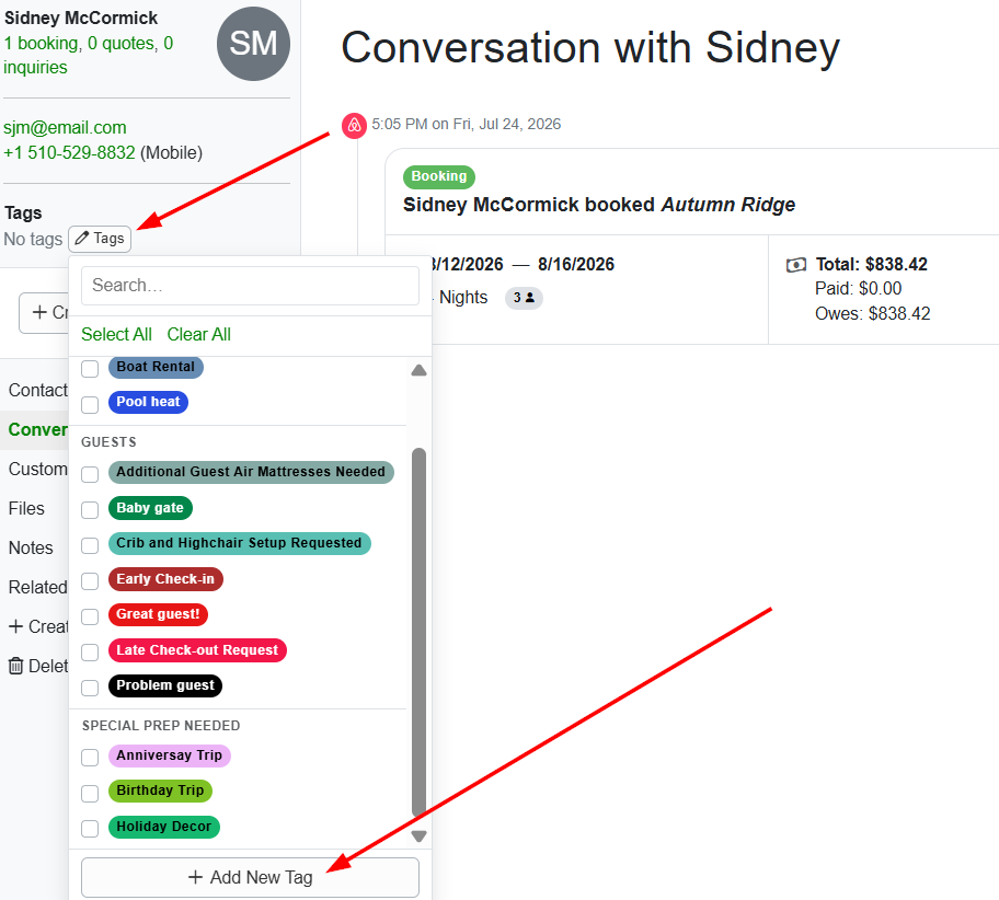 Users can create new tags for individual guests by navigating to individual Contacts > specific Contact > Tags > Tags button, then selecting + New Tag.