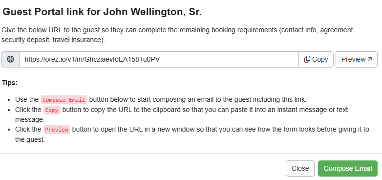 When you click on the upper-right kebab menu to copy the My Stay Guest Portal Link, you can copy or preview the link, or compose an Email to the guest.