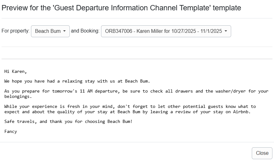 Guest Departure Information Channel Template Preview