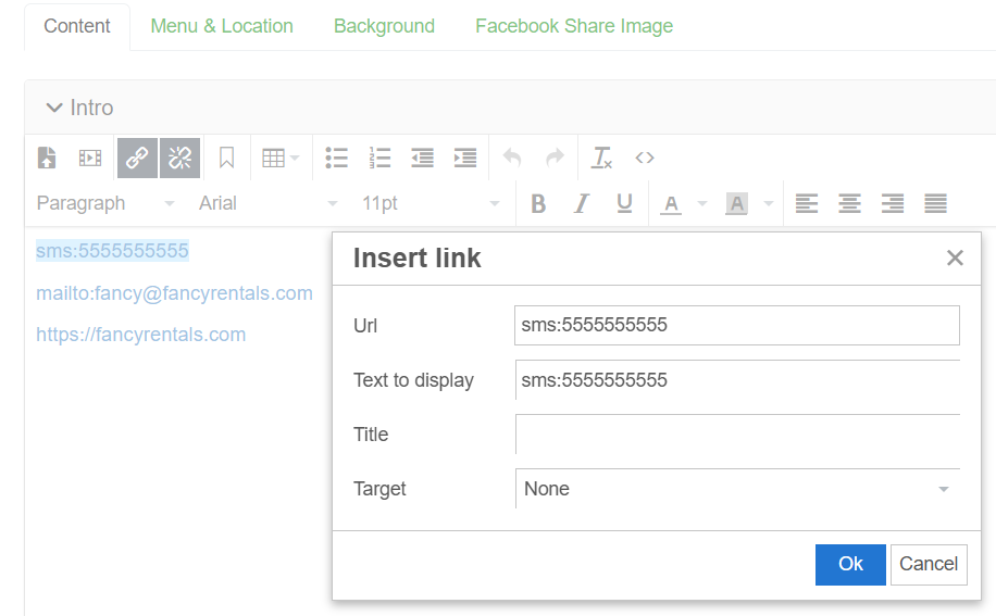 Add your SMS hyperlink to your hosted website by navigating to Settings > My Website > your Hosted Website > select the webpage you want to add your SMS hyperlink to > expand the Intro tab, and add your SMS hyperlink by clicking on Insert/Edit Link in the rich-text editor.