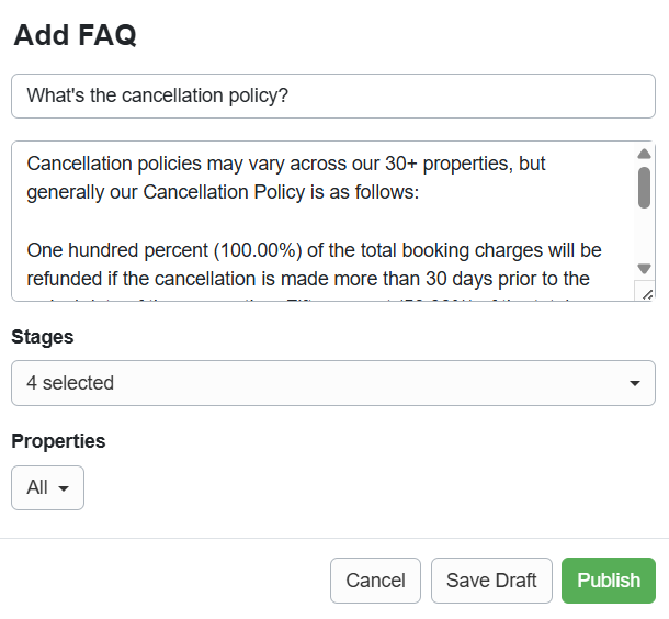 When you click on the + Add Shared Question button, the Add FAQ pop-up allows you to select the booking stages (Pre-booking, Pre-arrival, Mid-stay, Post-departure, or Canceled) and apply this FAQ to specific properties.