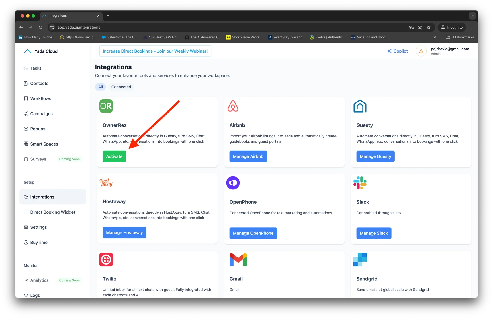 Navigate to OwnerRez and click Activate.