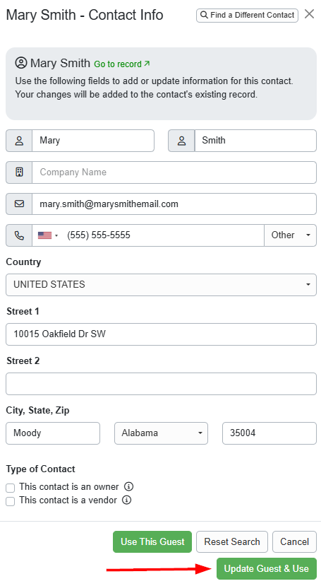 That will open the Guest - Contact Info pop-up, where you can fill in any other details you want (e.g., email, phone, address), and click the 