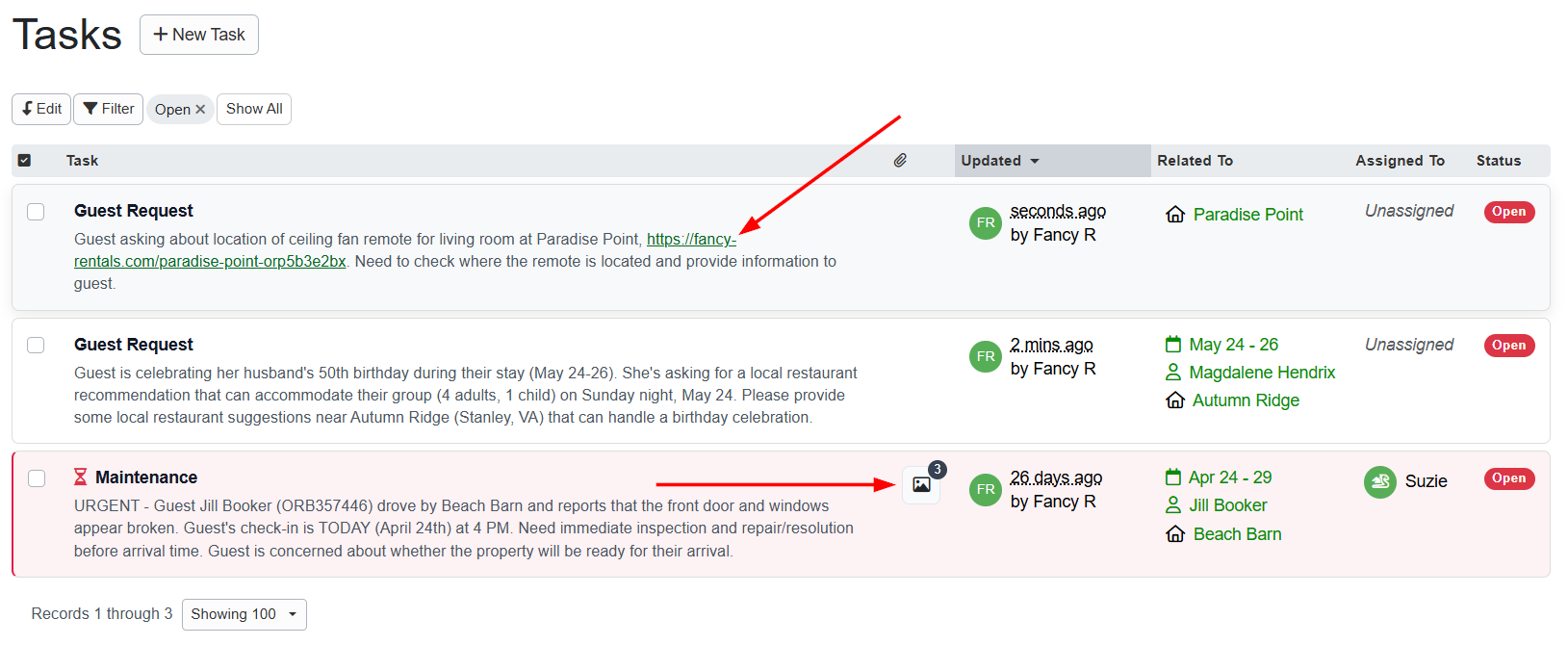 The Tasks grid now sorts by last activity (instead of created date) by default, shows photo and file attachment counts in a dedicated column, and automatically converts URLs in task descriptions into clickable links.