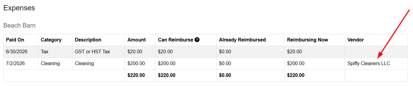 When PM hosts generate a new Owner Statement from your saved Statement View, the Vendor column appears in the Expenses section.