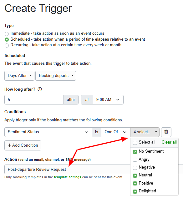 You could also use the Rezzy AI&nbsp;Sentiment Status to limit your review requests to only those guests that have certain&nbsp;Sentiment Statuses (e.g., No Sentiment, Angry, Negative, Neutral, Positive, Delighted) to avoid requesting reviews from unhappy guests.