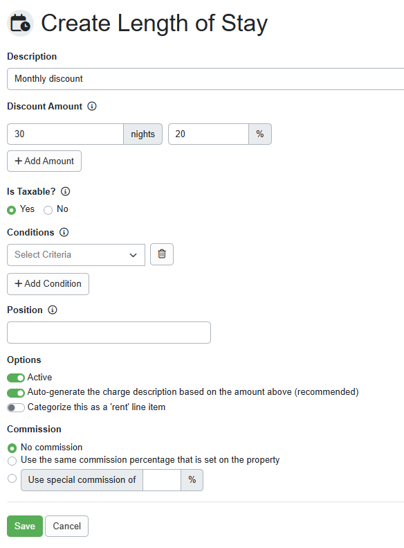 Just like the weekly discount, you can add a monthly discount by navigating to Settings > Pricing > Discounts > + Create Discount > Length of Stay. On the Create Length of Stay page, enter the Description and Discount Amount (number of Nights and Percentage).