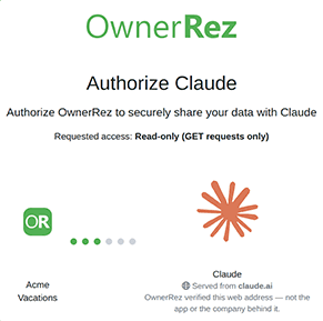 After logging in to OwnerRez, you will see the authorization to connect your account to Claude.ai.