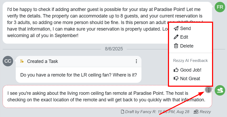 OwnerRez has improved the Rezzy AI Unified Inbox Draft experience on mobile devices by adding a kebab or vertical ellipsis menu, allowing users to Send, Edit, or Delete the draft and send Rezzy AI feedback.