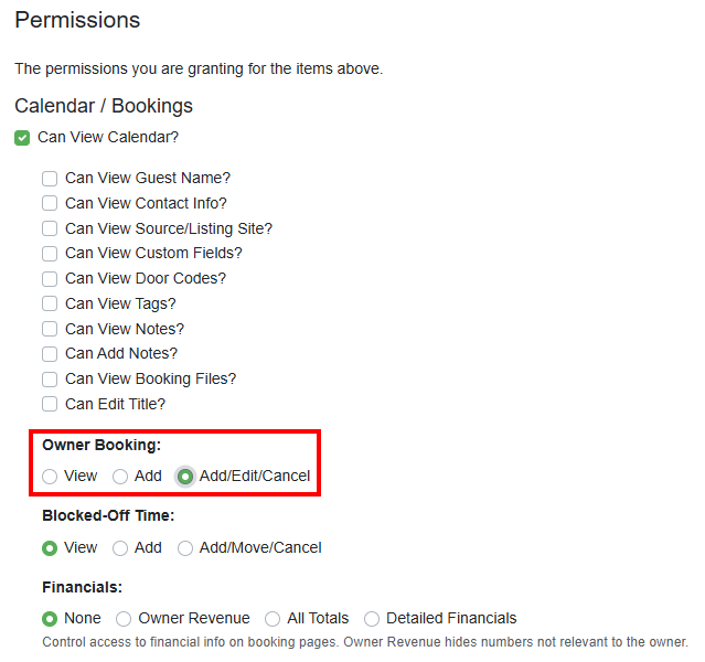 PM users can grant these permissions to their owners by navigating to Team Access > Portal tab, then either inviting a new Portal user by clicking the + Invite Portal User button, or editing an existing Portal user by clicking the pencil edit icon next to their name or directly on their name, and then clicking the pencil edit icon at the top to edit > Permissions > Owner Booking, and selecting Add or Add/Edit/Cancel, and Save.