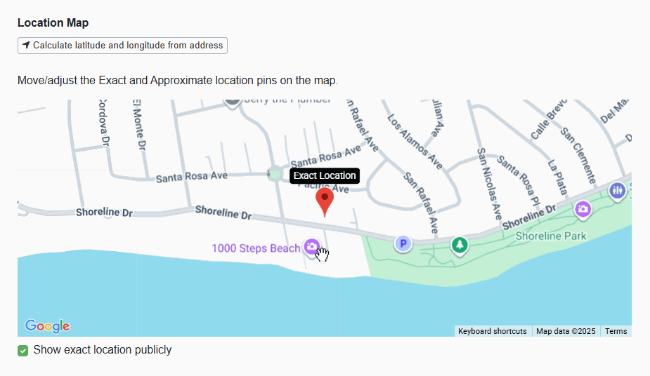Users can adjust their property location by navigating to Properties > their specific Property > Listing Content > Location > click on the pencil edit icon > Location Map, where you can configure the following.  Click the Calculate latitude and longitude from address button. Drag the Exact Location map pin to your preferred spot. Uncheck the Show exact location publicly box, and the Approximate Location pin will appear, which you can then drag to the correct spot.
