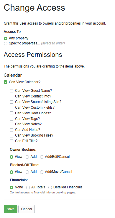 Let's look at Lynn Jones, a cleaner for Fancy Rentals. Her Team Access Portal permissions include all Fancy Rentals properties that she cleans, and she can view the Calendar and Blocked-off time, but no Financials, as she has no use for that information.
