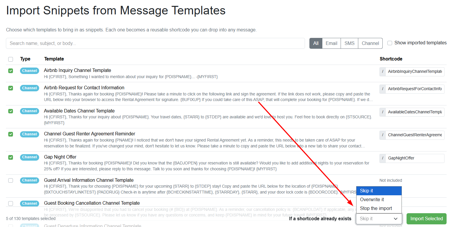 After you've selected the Templates you want imported to Snippets, you can decide how to handle any existing shortcodes (e.g., Skip it (default), Overwrite it, or Stop the Import) and click on Import Selected.