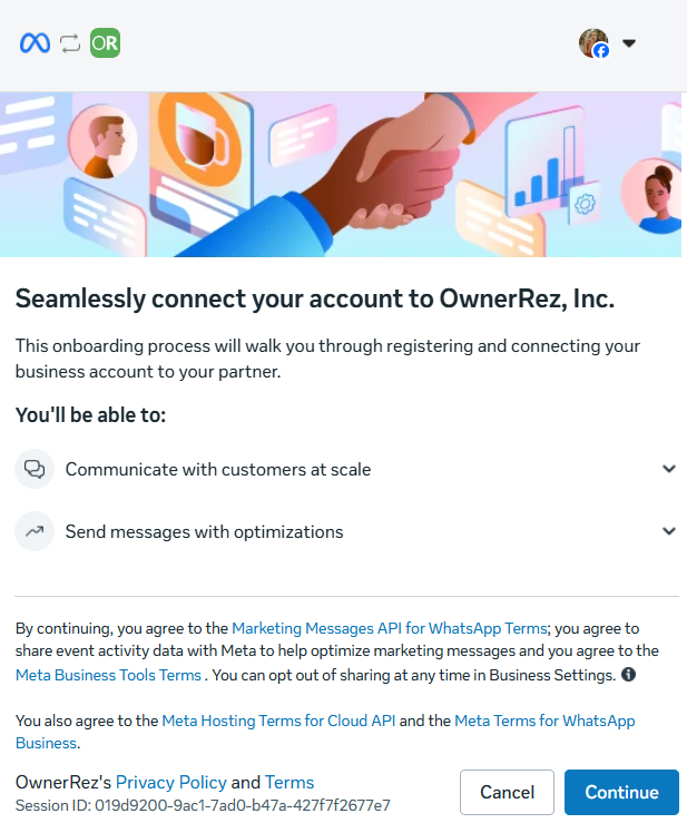 Connect your WhatsApp account to OwnerRez by clicking Continue.