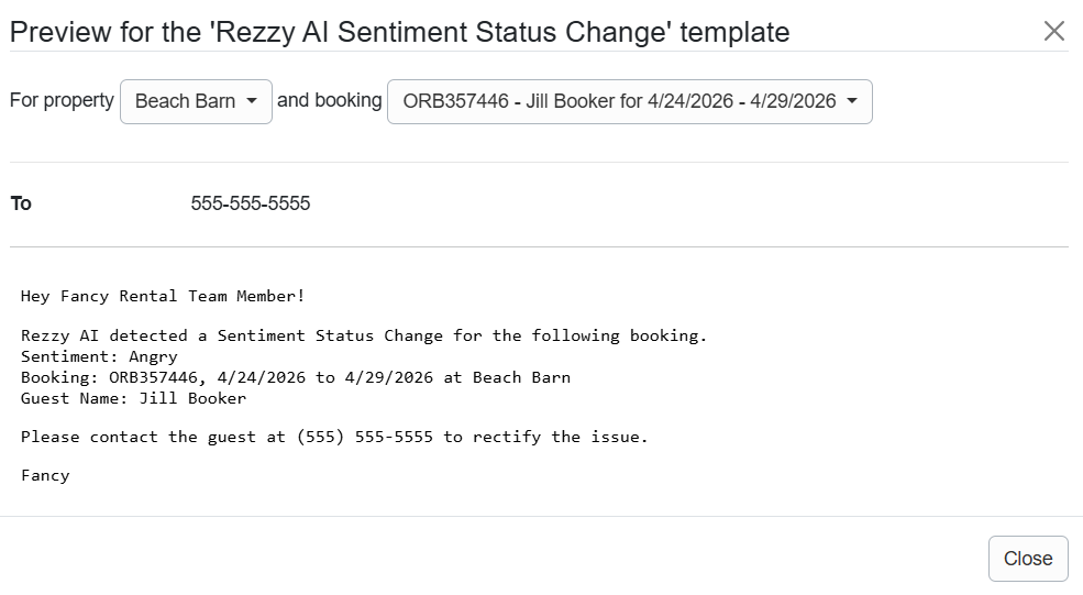Rezzy AI Sentiment Status Change SMS Template Preview
