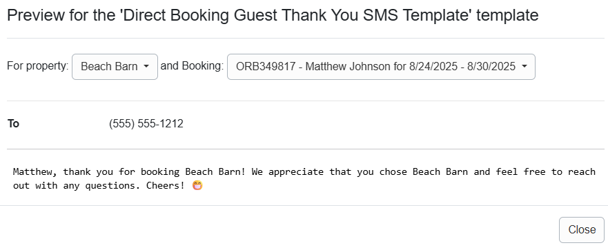 Direct Booking Guest Thank You SMS Template Preview