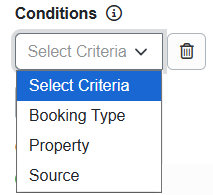 Standard Surcharges or Fees (e.g., guest, cleaning, etc.) enable users to add Booking Type, Listing Site, or Property Condition options, providing additional criteria for the surcharge.