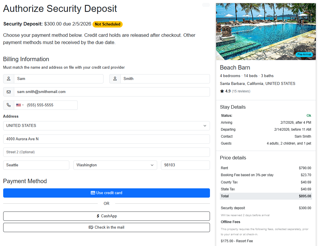 Authorize Security Deposit guest form example