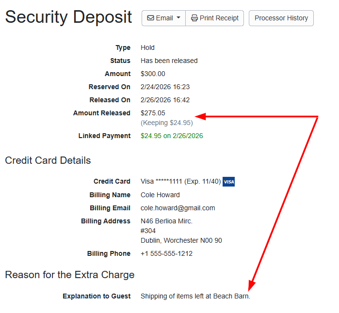 The editor will open, allowing users to add/edit the&nbsp;Refundable Damage Deposit (RDD) email message sent to guests. Click on Send Email. The Security Deposit section of the booking transactions will display details.
