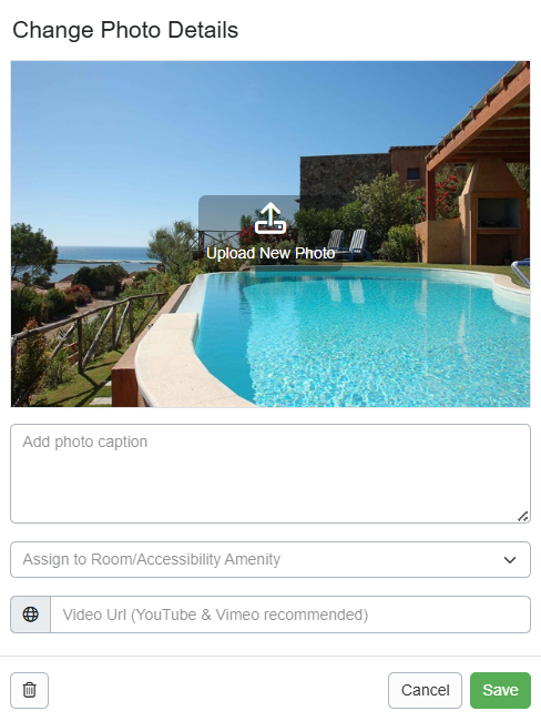 In the Change Photo Details pop-up, select the Room/Amenity from the drop-down list, and select the Room or Amenity you wish to connect to this photo. You can also edit the Photo Caption. Click Save.