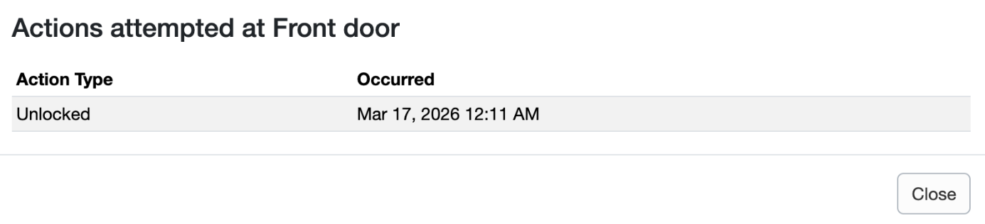 And the Actions attempted pop-up will display the time when the door was attempted to be opened or unlocked.