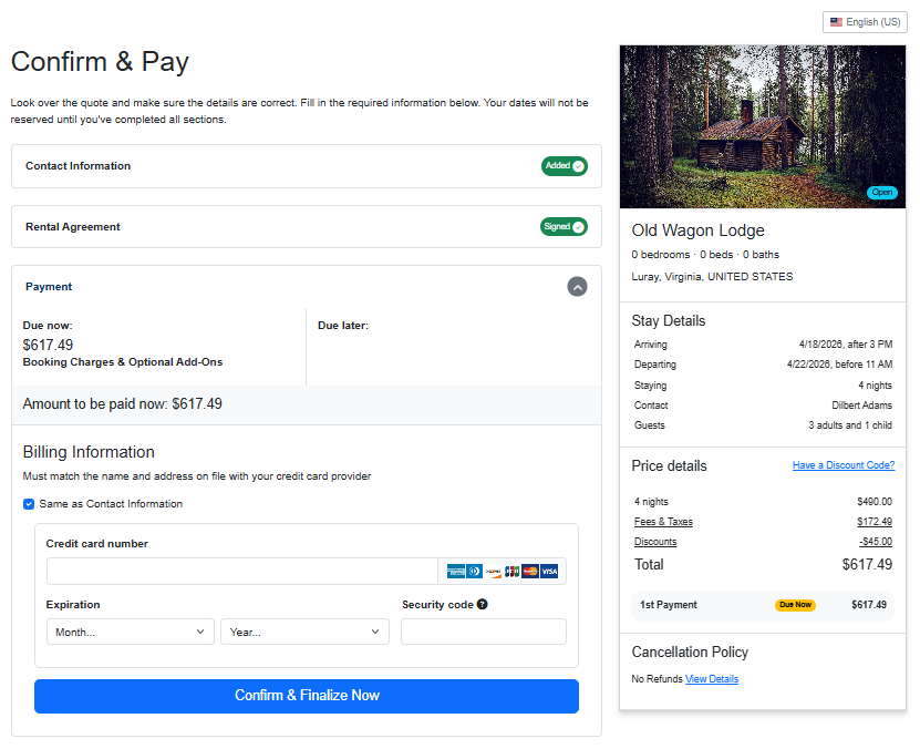 OwnerRez redesigned the Confirm & Pay guest form to show or hide sections based on host booking requirements with our April 15th release. This allows guests to finalize bookings more quickly and easily when options like travel insurance or security deposit sections may be unnecessary, with clearer labeling for a better guest experience.