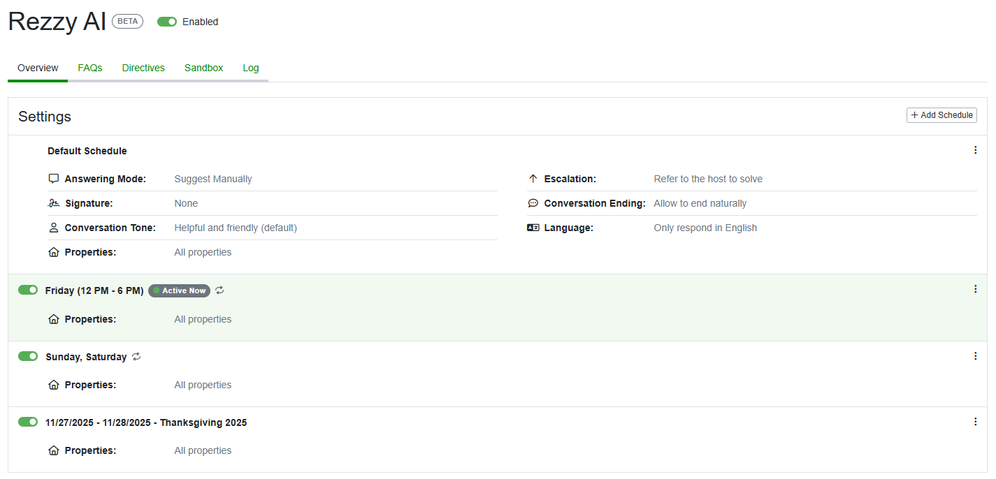 All of your schedules will be displayed on the Rezzy AI Overview tab.