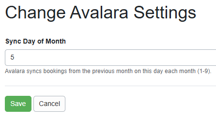To select which day of the month you'd like your&nbsp;automatic Avalara transaction synchronization to occur, navigate to Settings > Financial > Avalara > your Avalara account > Change. On the Change Avalara Settings page, enter your desired sync day of the month and Save.