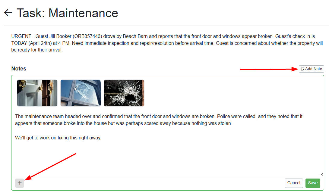 To add a note to your task, click on the Task and then select the Add Note button.&nbsp;Add&nbsp;explanatory text and attach files by clicking on the + and Save.