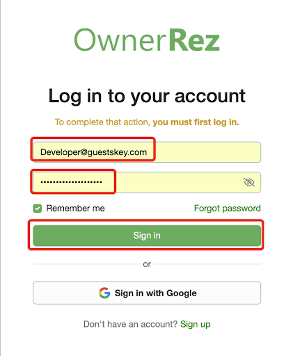 You will be redirected to OwnerRez to sign in via OAuth. Enter your OwnerRez login credentials (two-factor authentication will apply if enabled). Click 