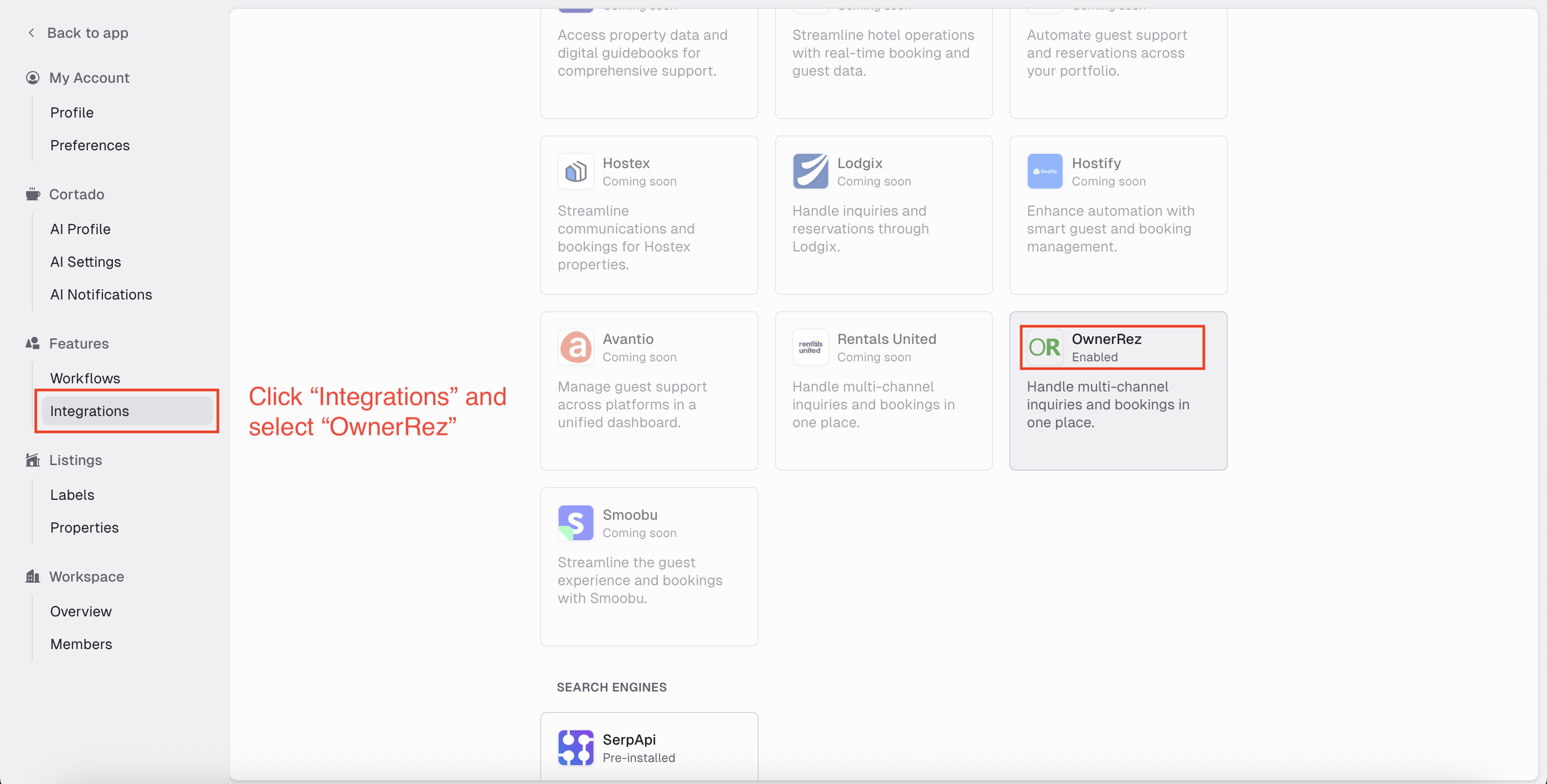 Click Features > Integrations > and select OwnerRez.