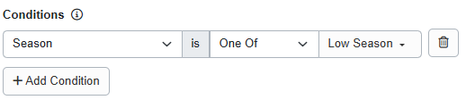 Want to limit your discount to specific seasons/s? Add Conditions > Season > One of > and select the specific Season.
