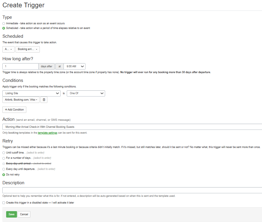 How about sending a quick check-in to guests who booked through a listing channel the morning after arrival to see if their stay is going alright? OwnerRez directly integrates with the native messaging platforms of Vrbo, Airbnb, and Booking.com, making it easy to set up a 