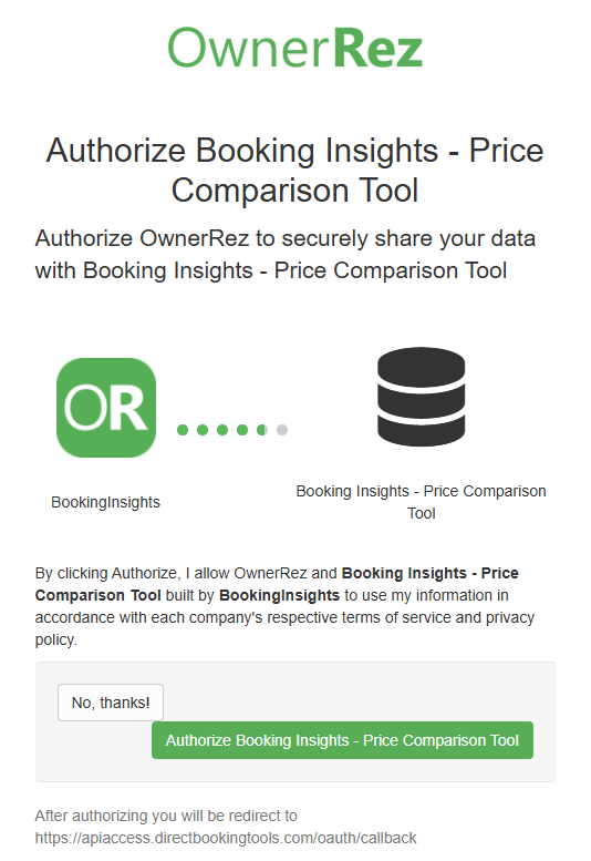 Authorize access by clicking the “Authorize Booking Insights – Price Comparison Tool” button.