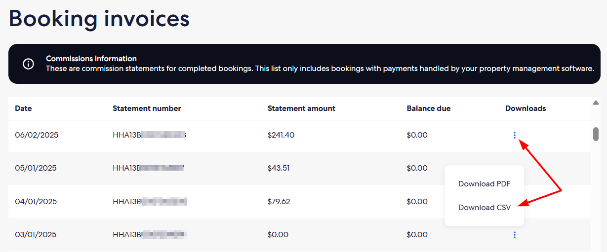 On the&nbsp;Booking&nbsp;Invoices&nbsp;page, click the right-side kebab menu&nbsp;and download the monthly CSV file.