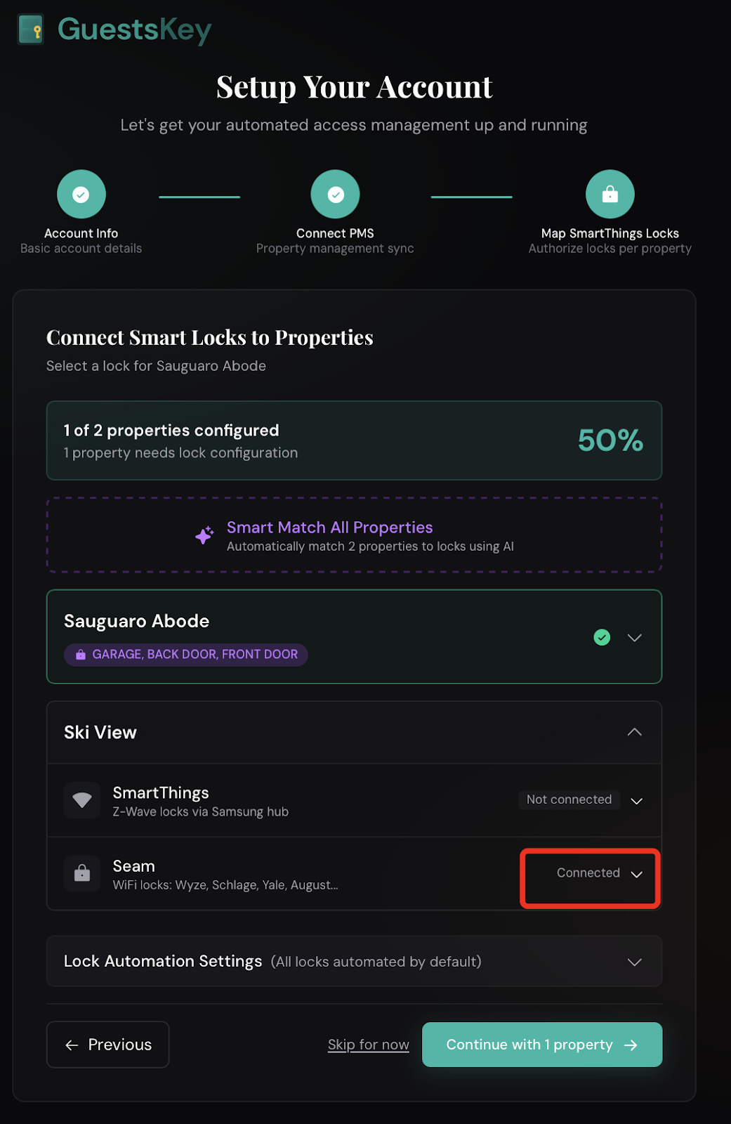 If you have multiple properties and locks, scroll down to add and configure locks. If you have multiple locks from the same provider, expand the property you want to map. Verify the locks for each property before continuing. To add another lock integration, click 