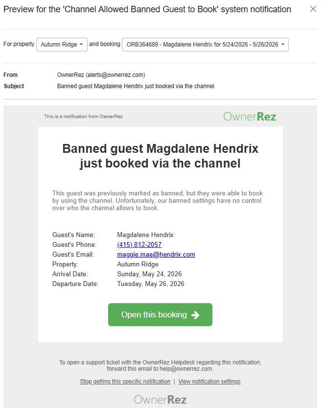 While hosts can prevent banned guests from direct bookings (and inquiries and quotes), OwnerRez has no control over whether a banned guest books your property through another listing site (e.g., Airbnb, Booking.com, Vrbo). In the unfortunate event that a banned guest books your property through a listing site, we now notify hosts so they can manage the reservation appropriately.