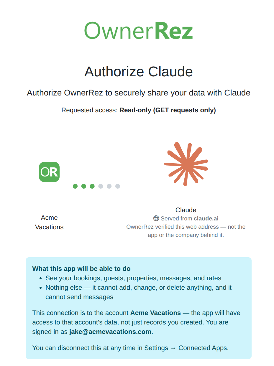 After clicking connect, the browser redirects to OwnerRez, where you get the standard OwnerRez login screen.&nbsp;After logging in to OwnerRez, you will see the authorization to connect your account to Claude.