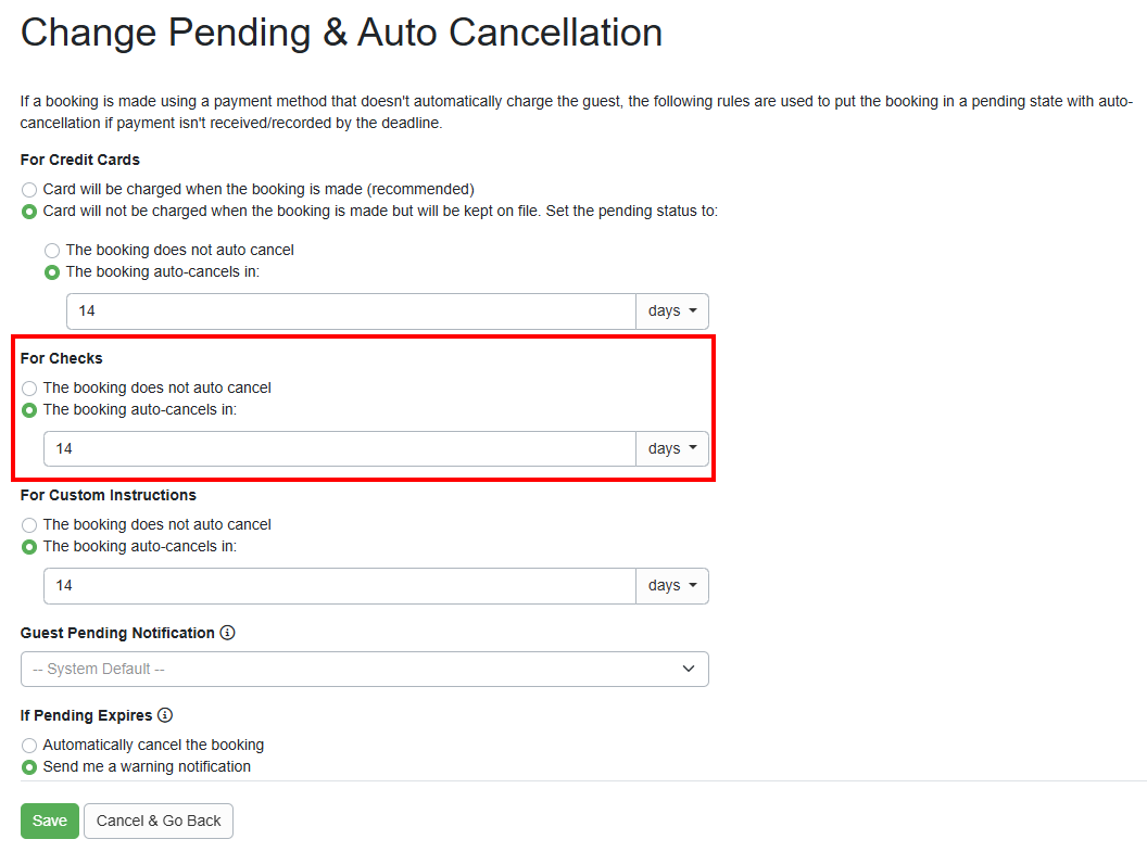 If you've got a Check or Custom Instructions payment method and the guest uses it to check out, the booking will be flagged as pending until you&nbsp;receive the payment. Check payment methods show the Make check out to and mailing information. Custom Instructions payment methods allow you to enter a block of text describing how to pay you -- for example, bank transfer or wire transfer instructions.  These payment methods will only be available based on the days or hours configured in the rules section for each property or quote.