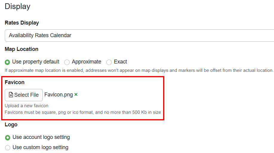 In the Display section, users can upload their favicon file. Users should note that favicons must be square, in png or ico format, and no larger than 500 KB.
