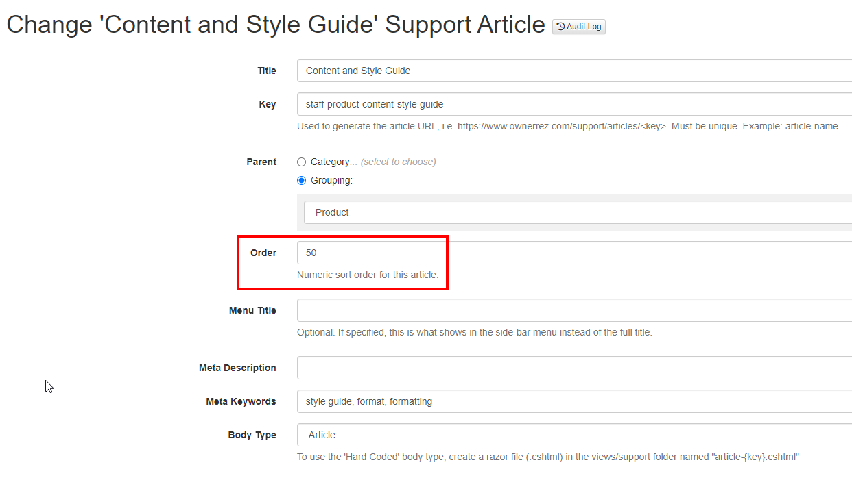 Rich Text Editor (RTE) Order Field