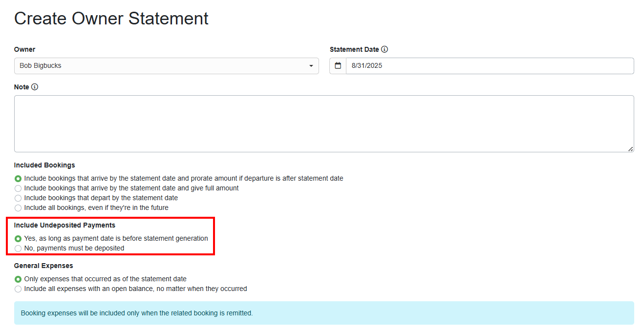Make sure that your Owner Statement settings > Include Undeposited Payments is set to Yes, as long as payment date is before statement generation.