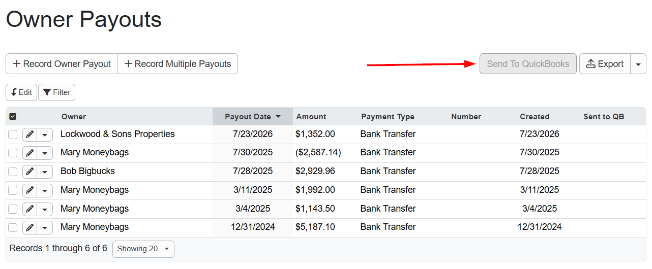 Once saved, your Owner Payout will appear in the Owner Payouts grid. You can export these Owner Payouts by clicking on the upper-right Export button. Note that if you&nbsp;use the&nbsp;QuickBooks integration, you can send your&nbsp;Owner Payout to QuickBooks&nbsp;by clicking&nbsp;the Send to QuickBooks button on the upper right.