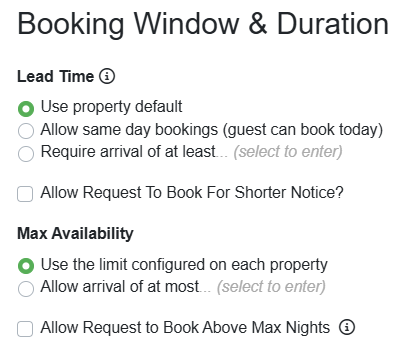 The Airbnb channel integration connection enables configuring lead time and availability customization in the channel integration settings. To configure those settings specific to your Airbnb listing, navigate to your Airbnb channel integration connection > Change >&nbsp;Booking Window & Duration.  Airbnb only supports lead times of 1, 2, 3, or 7 days, and OwnerRez rounds the configured lead time to the nearest multiple of 1, 2, 3, or 7 days to push that information to Airbnb.