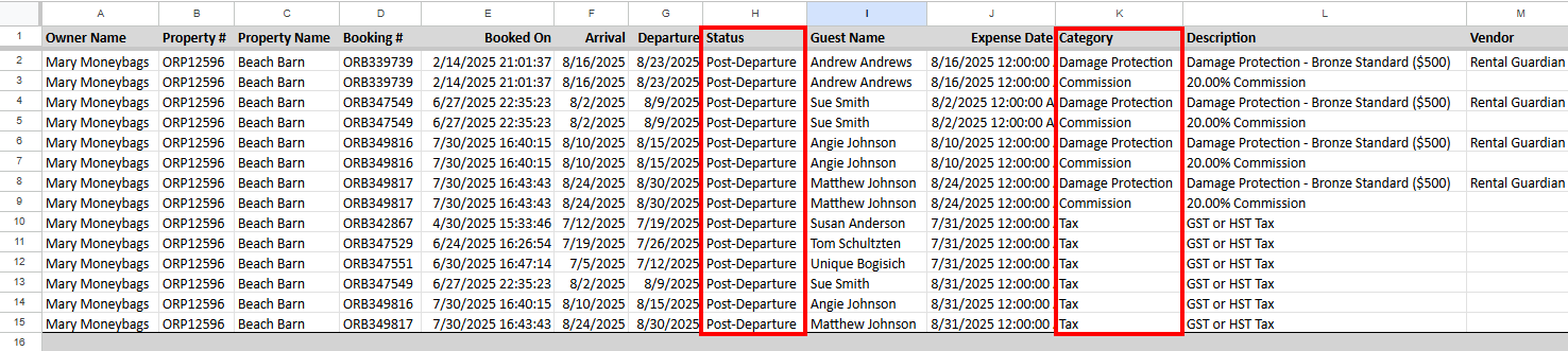 OwnerRez added Booking Statuses (pre/post stay) and Expense Category columns to the PM Statement Export files for improved business financials for expenses collected across multiple properties.