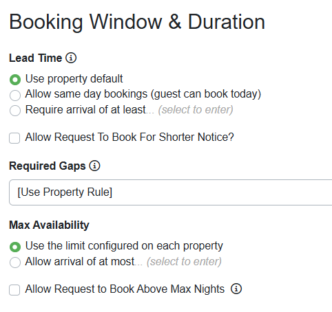 The Airbnb channel integration connection enables the configuration of lead time, gap night management, and availability customization within the channel integration settings. To configure those settings specific to your Airbnb listing, navigate to your Airbnb channel integration connection > Change > Booking Window & Duration.
