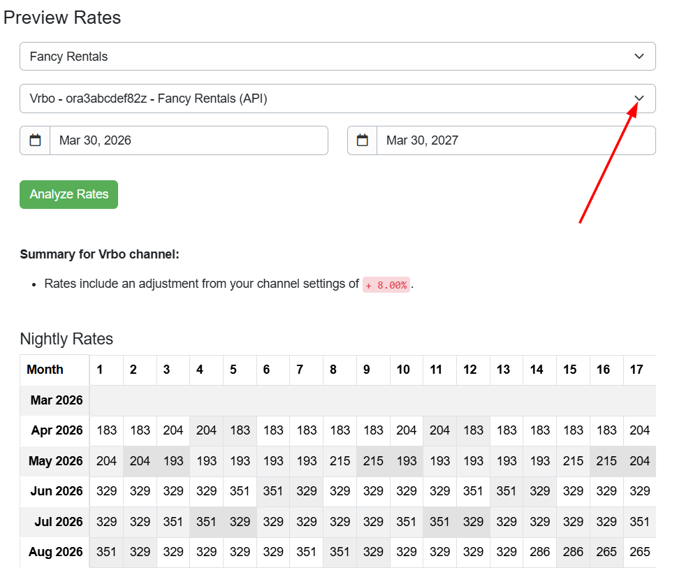 In the second dropdown list, hosts can select specific channel integrations to view their nightly rates.