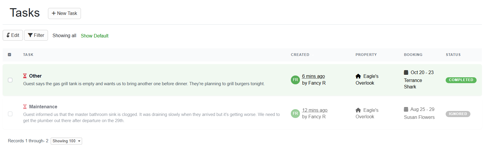 When you mark Tasks Complete, they will be highlighted in green; tasks marked as ignored are highlighted in grey.