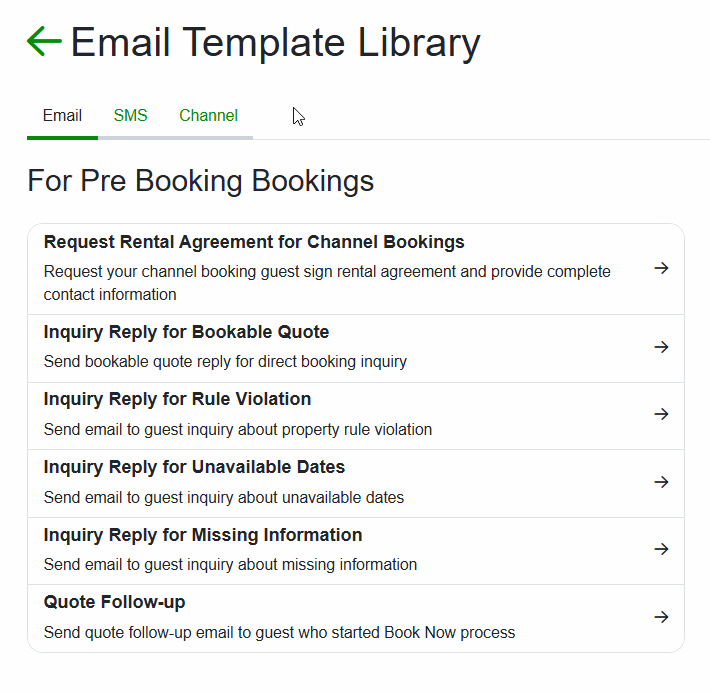 When the&nbsp;Use Template button is selected, hosts can now access all Email, SMS, and Channel tabs within the Template Library.
